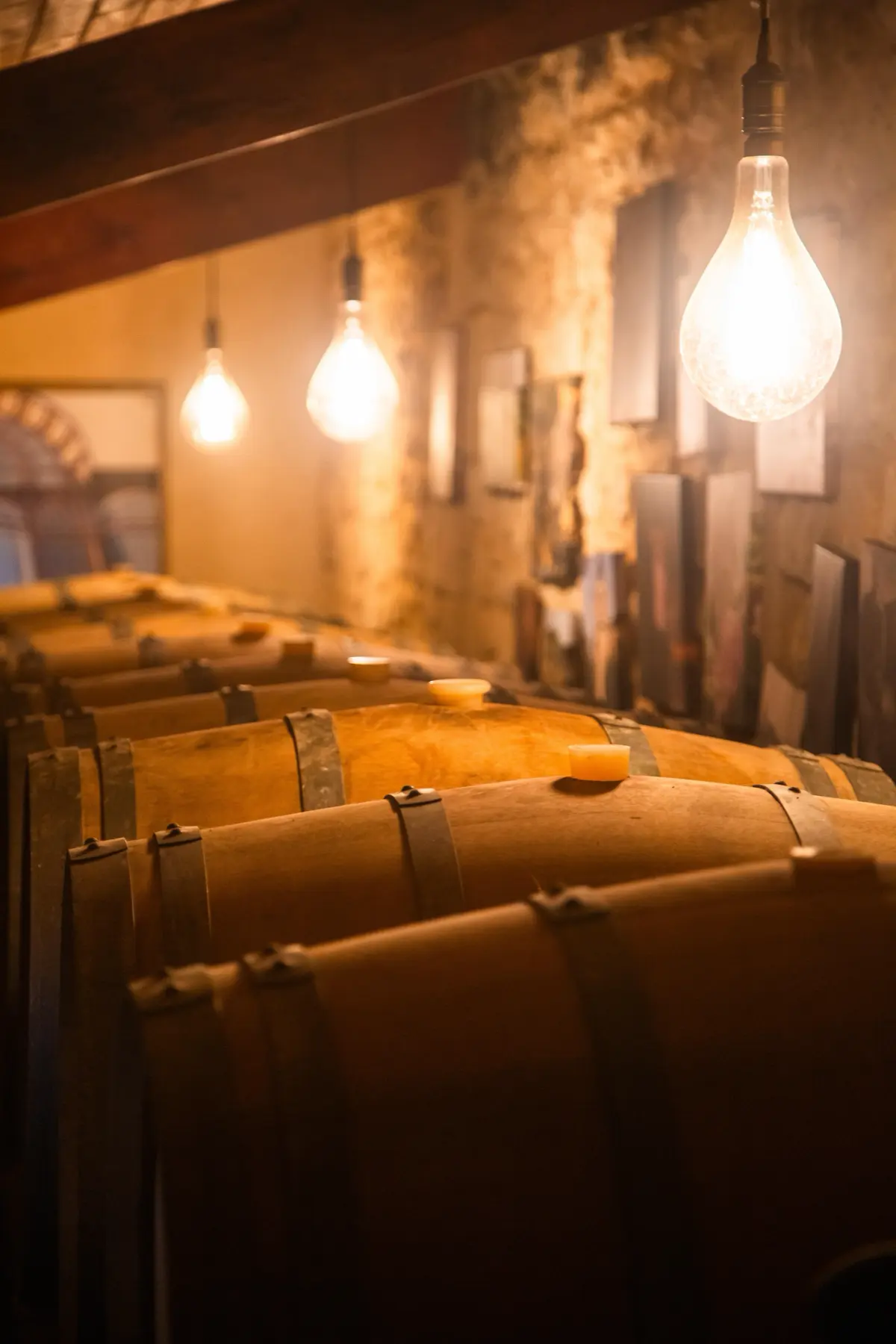 Stacked barrels in warm light