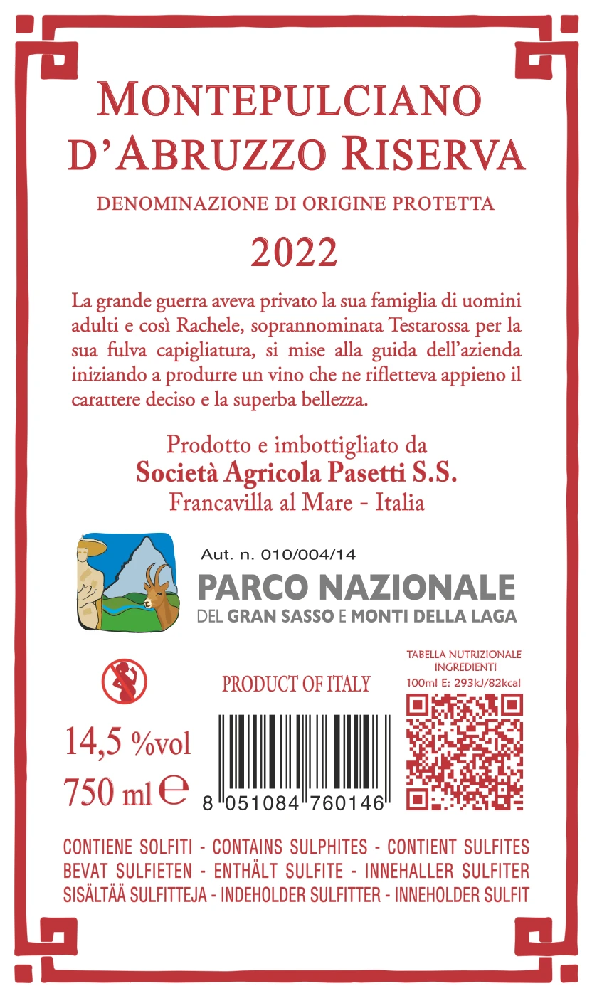 Pasetti Montepulciano d'Abruzzo Riserva label